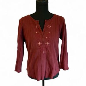 Faded Glory Women's Burgundy Embroidered Henley Top, Size Medium
